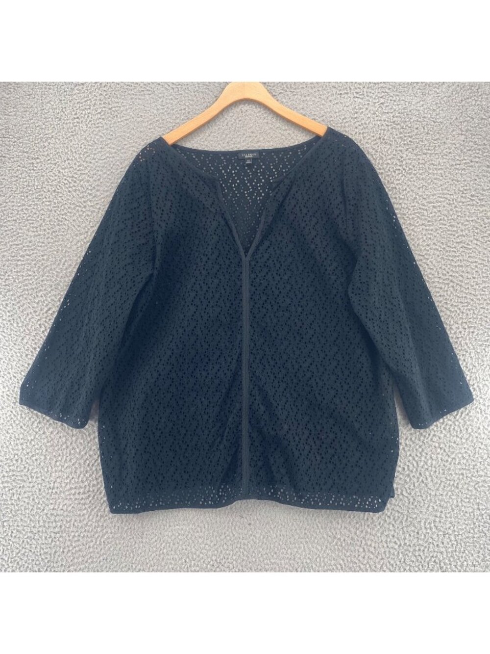 Talbots Top Womens Extra Large Black Cut Out Lace Split V Neck 3/4 Sleeve Tunic